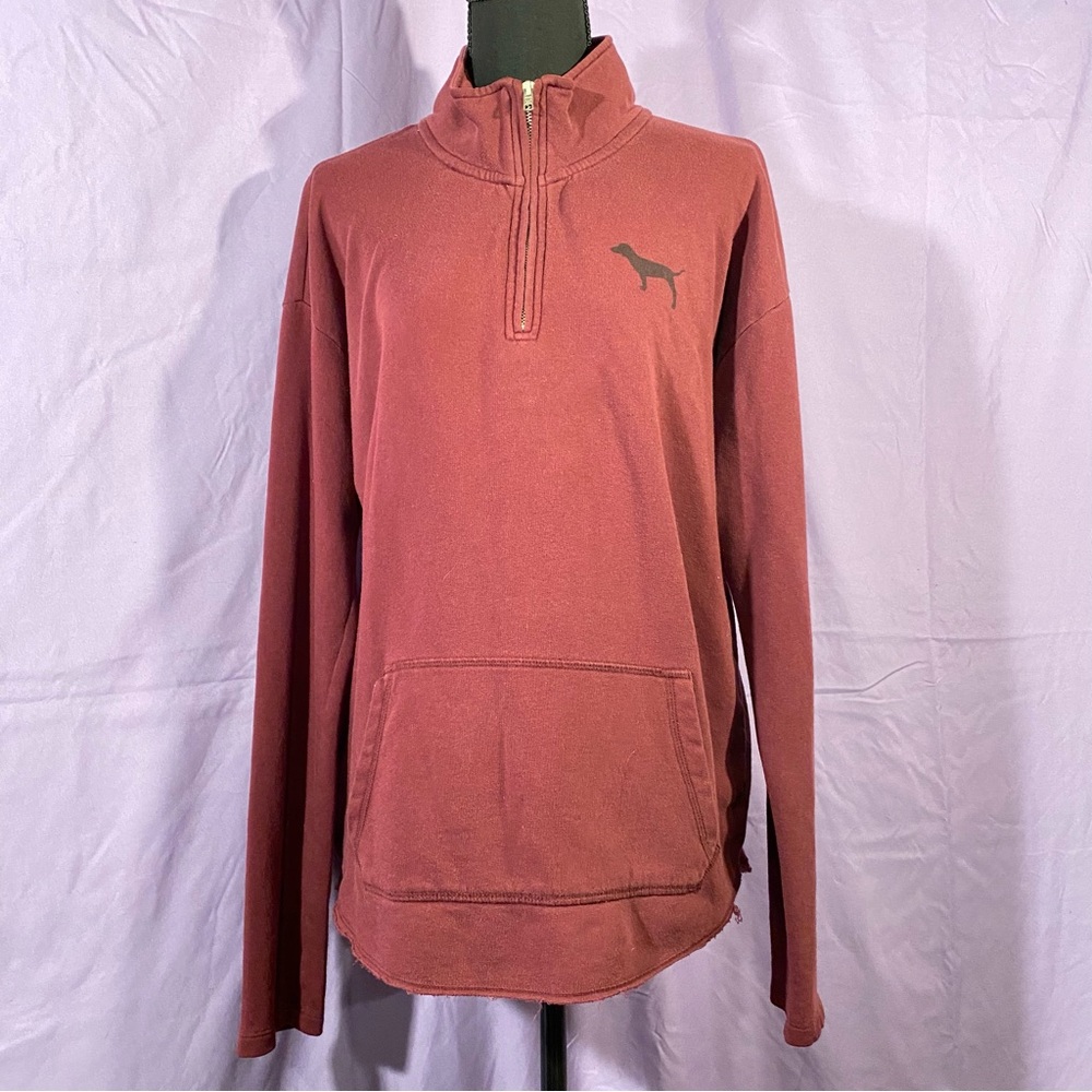 maroon victoria’s secret pink quarter zip with zebra print logo on back
